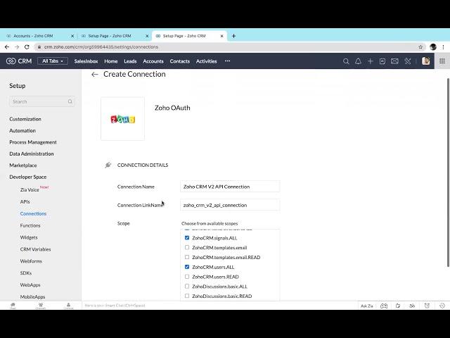 How to Create Connections Zoho CRM