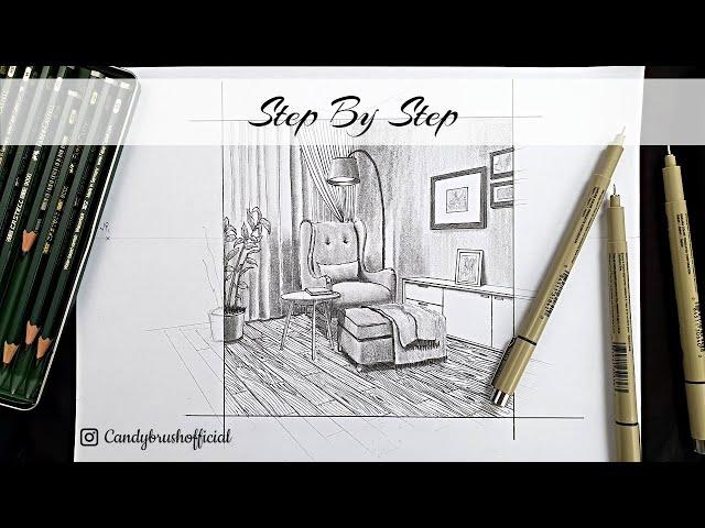 How to Draw A Reading Chair in A Living Room In Two-Point Perspective | Step By Step