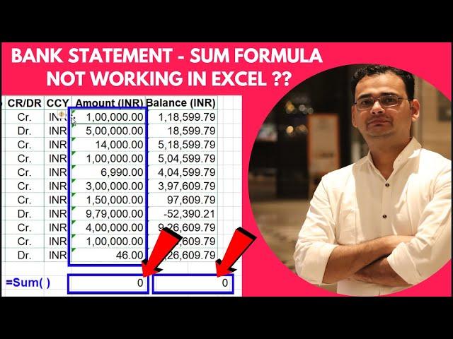 Bank Statement - SUM Formula not Working in Excel ?? Solution by TechGuruPlus