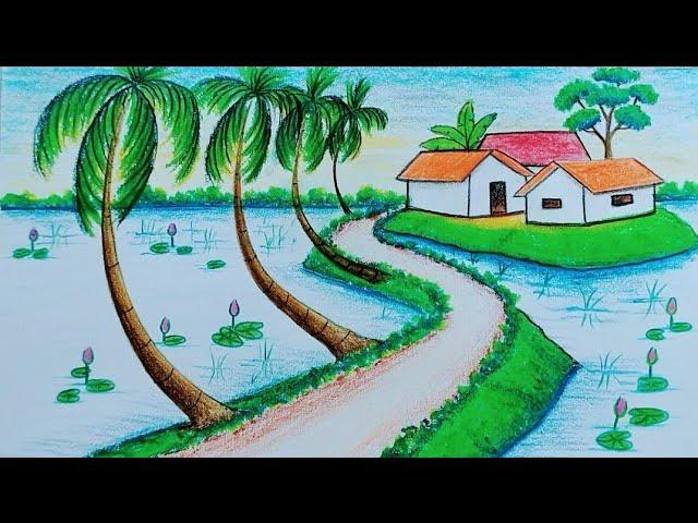 Beautiful scenery drawing with oil pastel//Landscape drawing step by step for beginners