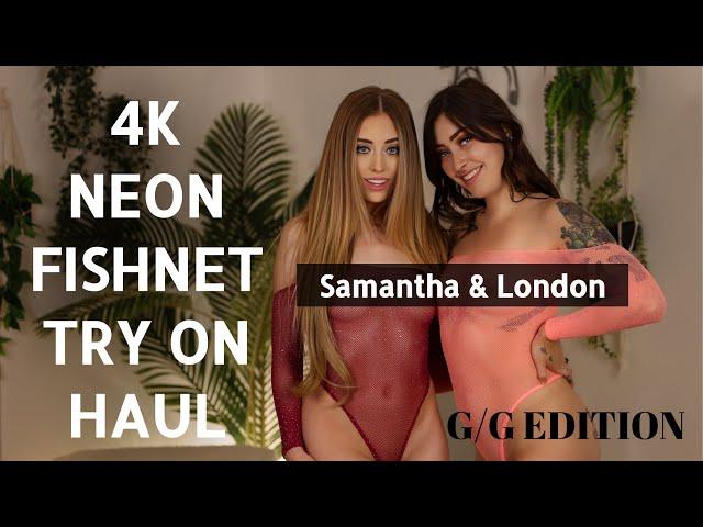 4K TRANSPARENT Neon Fishnet Girl Girl TRY ON with Mirror! | Samantha Lynn TryOn Feat. London Ryder