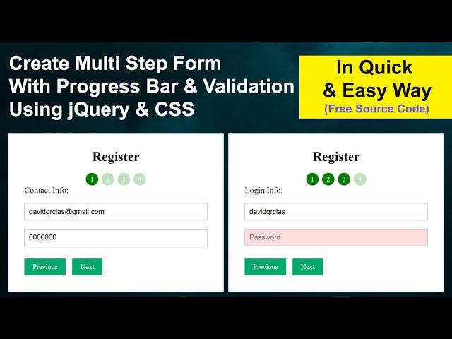 Multi Step Form With Progress Bar & Validation Using jQuery & CSS | Create Form With Multiple Steps