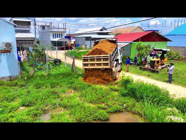 New Project Landfill Complete 100%!! Bulldozer Komat'Su D20p Pushing Soil ,Truck 5Ton Unloading soil