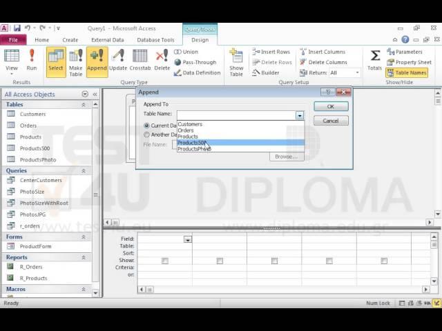 Create a new query named insert1 to append only the Code and Description fields of the Products...