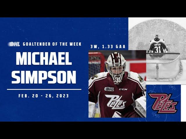 Petes’ Michael Simpson named OHL Goaltender of the Week