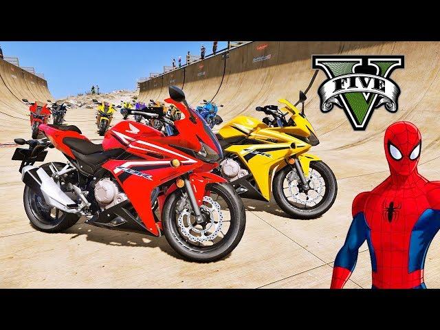 MOTOS com Homem Aranha e Heróis! Saltos na Mega Rampa com SUPER MOTOS - GTA V Mods - IR GAMES