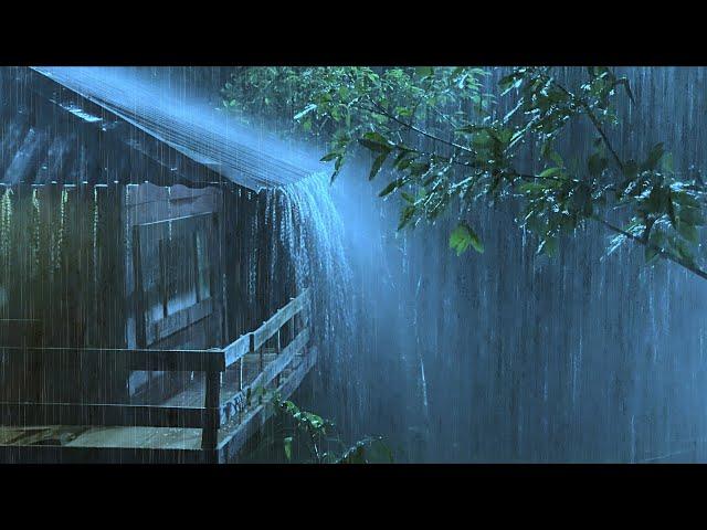 Goodbye Stress to Sleep Instantly with Heavy Rain & Thunder on Old Metal Roof in Rainforest at Night