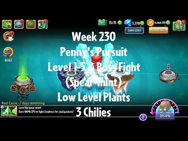 PvZ2 Penny's Pursuit Week 230 (Spear-mint) - Level 1-5 & Boss Fight - 3 Chilies