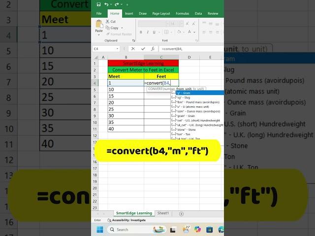 How to Convert Meters to Feet in Excel with CONVERT Function in #excel #excelshortcuts #msexcel