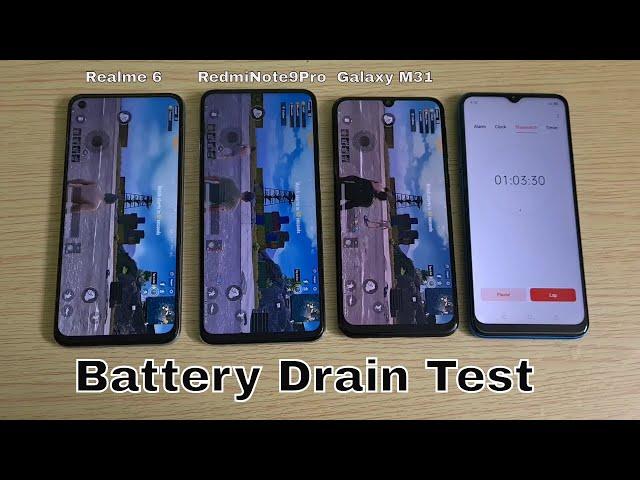 Realme 6 vs Redmi Note 9 Pro vs Samsung Galaxy M31 Battery Drain Test (100-0%)