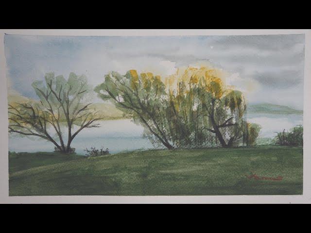 Trees by the Lakeside - Watercolour Art - Slow Life - By Vamos