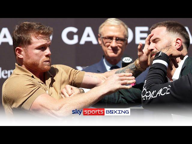 HEATED! Canelo Alvarez & Caleb Plant trade punches at pre-fight press conference 