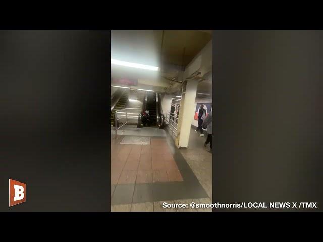 Two People Tumble Down Escalator During Fight in Grand Central Station