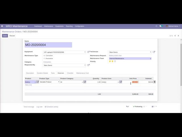 MRO Equipment Maintenance App Odoo