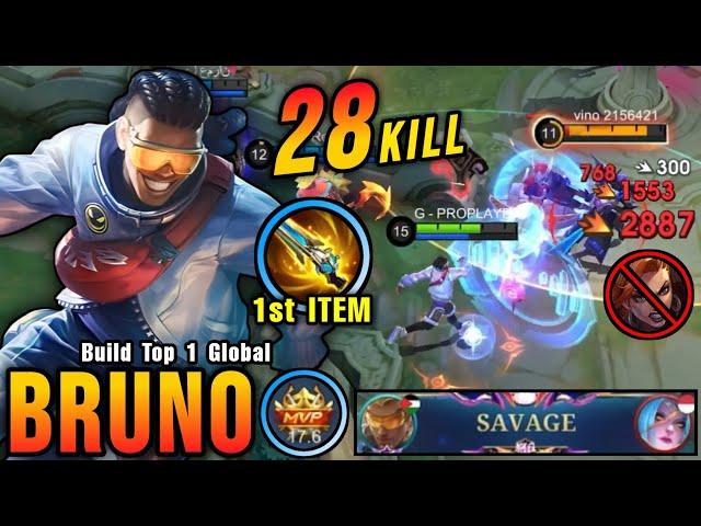 28 Kills + SAVAGE!! New META Bruno 1st Item Malefic Gun!! - Build Top 1 Global Bruno ~ MLBB