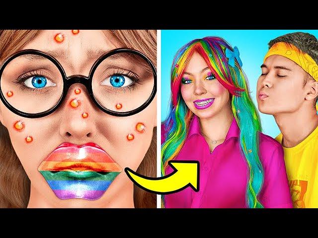 RAINBOW NERD Extreme MAKEOVER   *How To Become POPULAR* Beauty Transformation With Gadgets