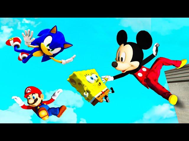 GTA 5 Mickey & Sonic VS SpongeBob & Mario Ragdoll Jumps/Fails (Funny)