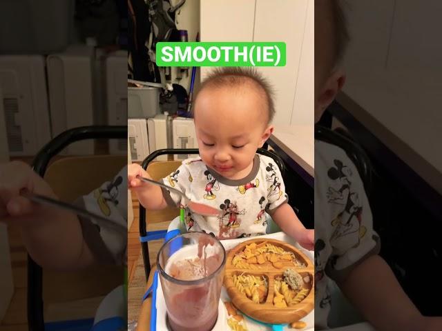 Toddler uses a spoon to “eat” a smoothie #spoonfeed #guavaisyum #babybbbb #smooth #smoothie #toddler