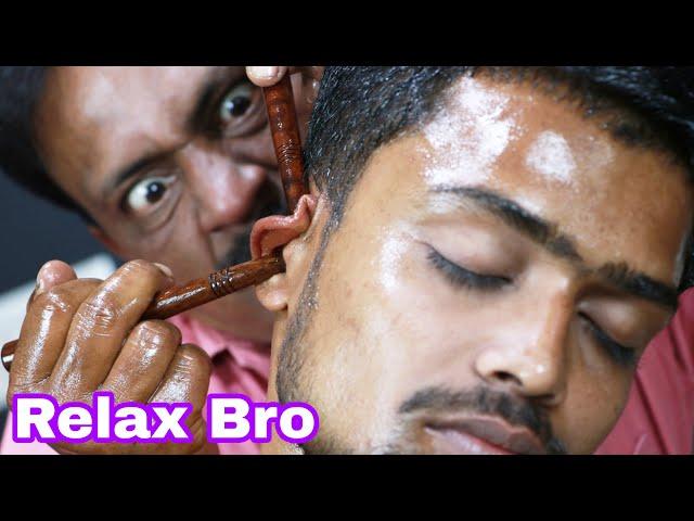 Our Big Eyes Barber Doing Wood Stick In Ear Massage ASMR | Ear Finger And Ear Crack | Neck Crack