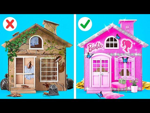 BARBIE MAKEOVER HACKS || Rich VS Broke Crafts & Awesome DIY Cardboard Re-Use by 123GO! CHALLENGE