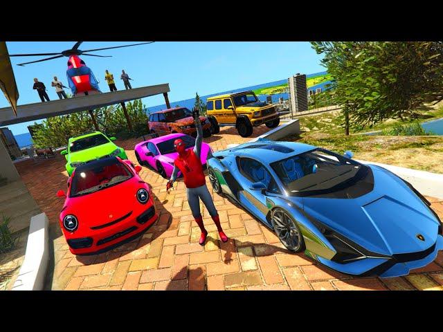 GTA V - Stealing Luxury Cars with Spiderman - Awesome Chromed Lamborghini & High Security Place