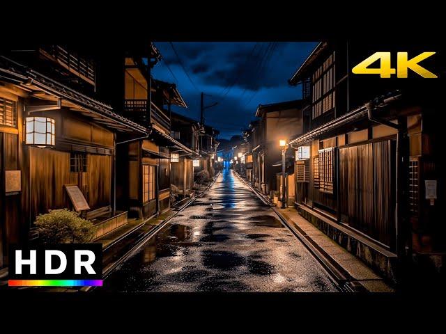 Late night rain walk in old Japanese town // 4K HDR