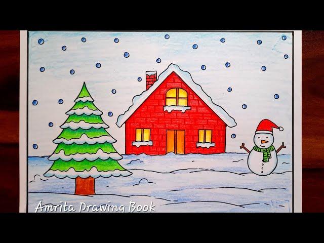 Winter Season Drawing Easy Steps | Snowman Scenery Drawing | Winter Snowfall Scenery Drawing