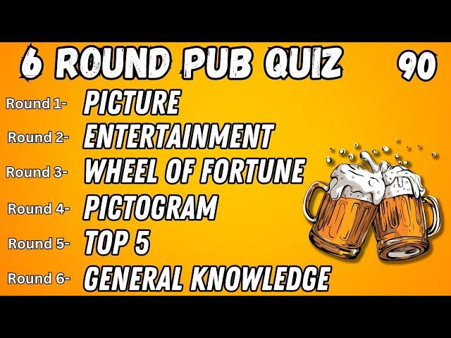 Online Pub Quiz - 6 Rounds: Picture, Entertainment, Wheel of Fortune, Pictogram, Top 5 & GK No.90