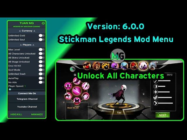 STICKMAN LEGENDS MOD MENU 6.0.0 UNLOCK ALL CHARACTERS, MAX LEVEL