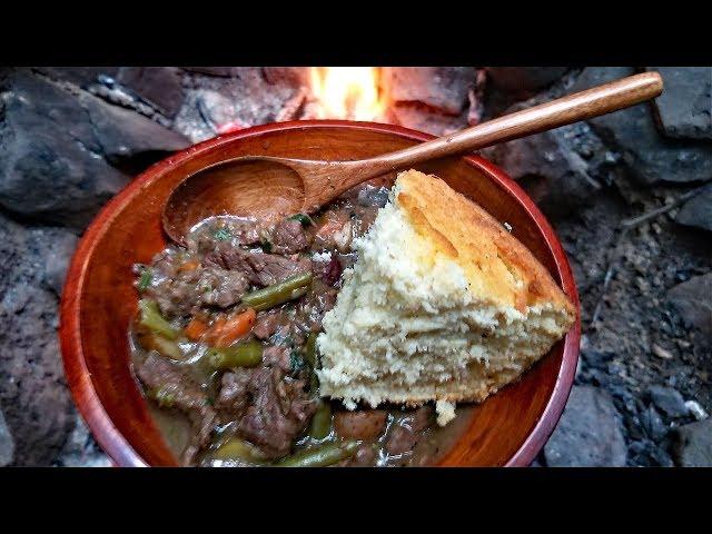 Primitive Cooking - Campfire Beef Stew & Corn Bread Recipe - Survival Cooking