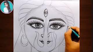 How to draw Ma Durga face pencil sketch for beginners || Debadrita Art