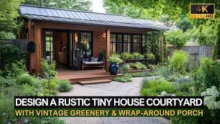 Design a Rustic Tiny House Courtyard with Vintage Greenery & Wrap-Around Porch