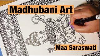 How to make Madhubani Painting of Maa Saraswati II Tutorial in HINDI II Mithila Art Advanced II