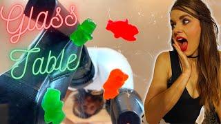 Crushing Things With Boots on the GLASS TABLE (Gummy Bears)