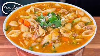 Traditional Mexican Sopita Concha Shell Soup with Ground Beef (Sopa de Conchitas con Carne Molida)