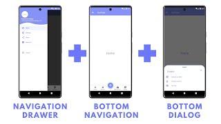 Navigation Drawer + Bottom Navigation + Bottom Sheet Dialog in Android Studio | All in one app | UI
