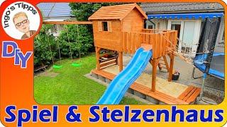 Kinderspielhaus Stelzenhaus Matschküche Hängebrücke Sandkiste und Schaukeln selber bauen IngosTipps