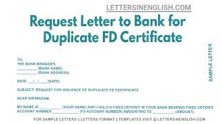 Request Letter To Bank For Duplicate FD Certificate