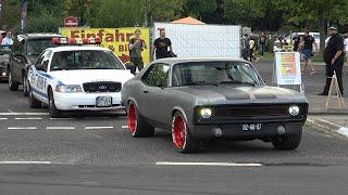 Classic US & Muscle Cars leaving a Car Show in Grefrath-Cuda, Bel Air, Chevelle, Roadrunner,Hot Rods