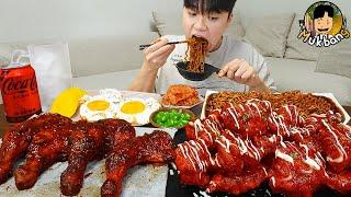 ASMR MUKBANG | Giant BBQ Chicken Drumsticks, black bean noodles, fried egg recipe ! eating