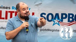 Ryan Melton speaks at the Des Moines Register Political Soapbox during the Iowa State Fair