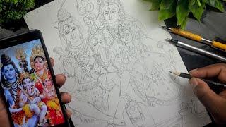 Lord Shiva Drawing, Ganesha Drawing, Shiv Parbati Drawing,Shiv family drawing