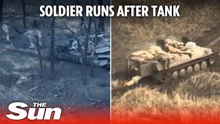 Russian soldier 'chases after' tank in attempt to escape Ukrainian fire