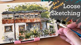 Loose ink and watercolor sketching| a little bookshop