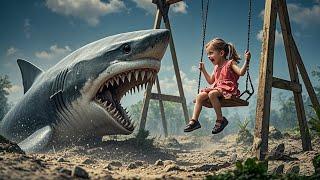 A land shark breaks out of the ground and attacks a little girl playing on the swing