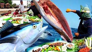 Processing Tuna Fish Meat into a Special Seafood Menu | catching and cooking