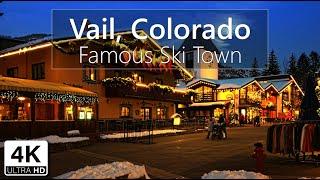 Vail, Colorado - Evening Walk Tour - A walk through the famous ski town, a winter wonderland. 4K UHD