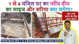 1 से 4 मंजिल घर का प्लींथ बीम का साइज और सरिया क्या लगेगा? | Plinth Beam size 1 to 4 Storey Building