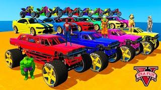 Colored Spiderman & Super Heroes driving Super Cars & Big Trucks in long race track