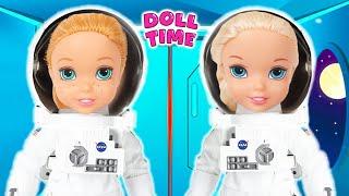 Elsie and Annie fly in a Rocket as Astronauts and learn about Space | Doll Time